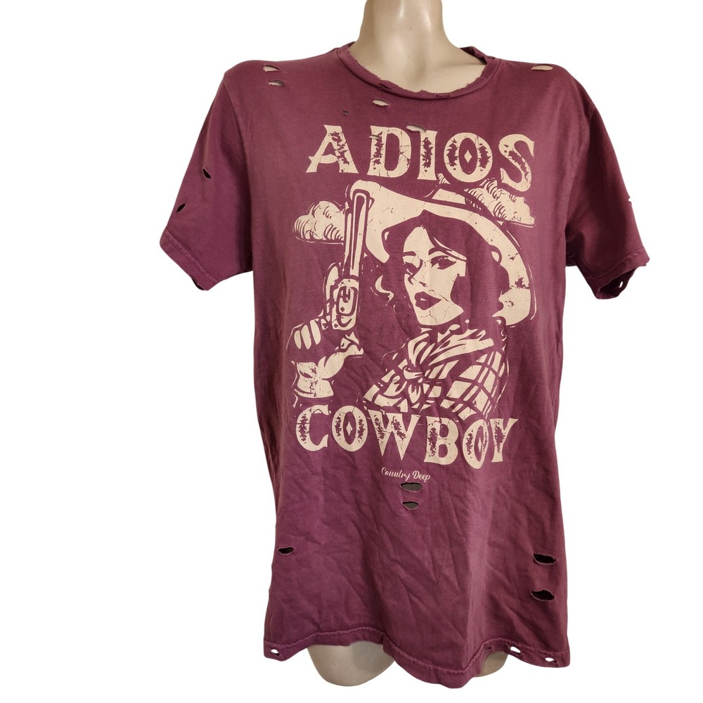 Country Deep Adios Cowboy Distressed Graphic Tee Mauve Purple Womens Medium